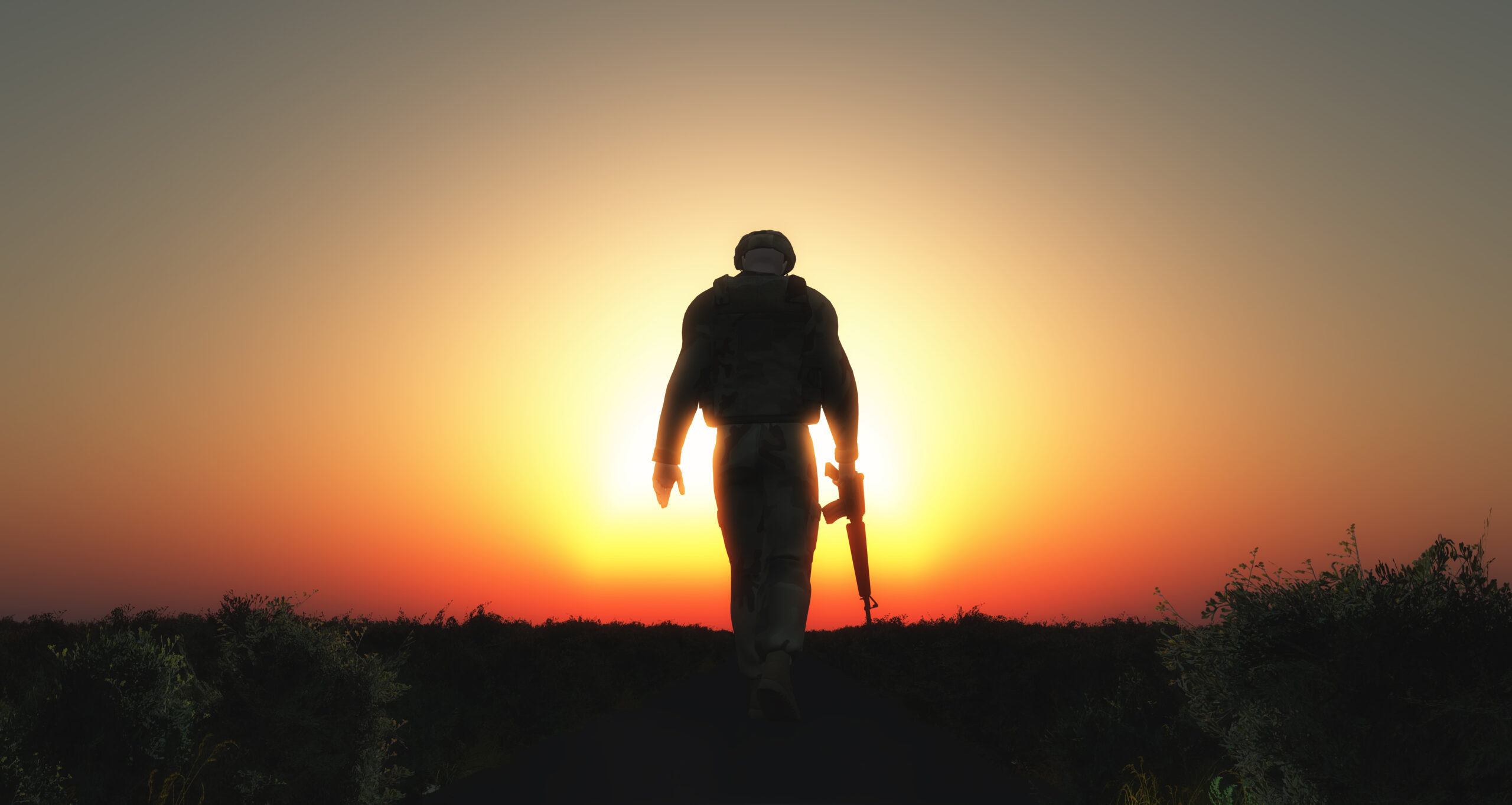 3D soldier walking at sunset